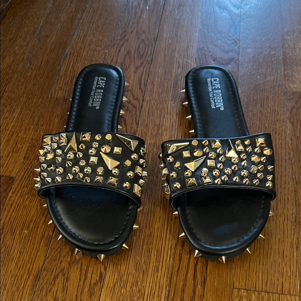 Cape Robbin Black Sandals with Gold Studs